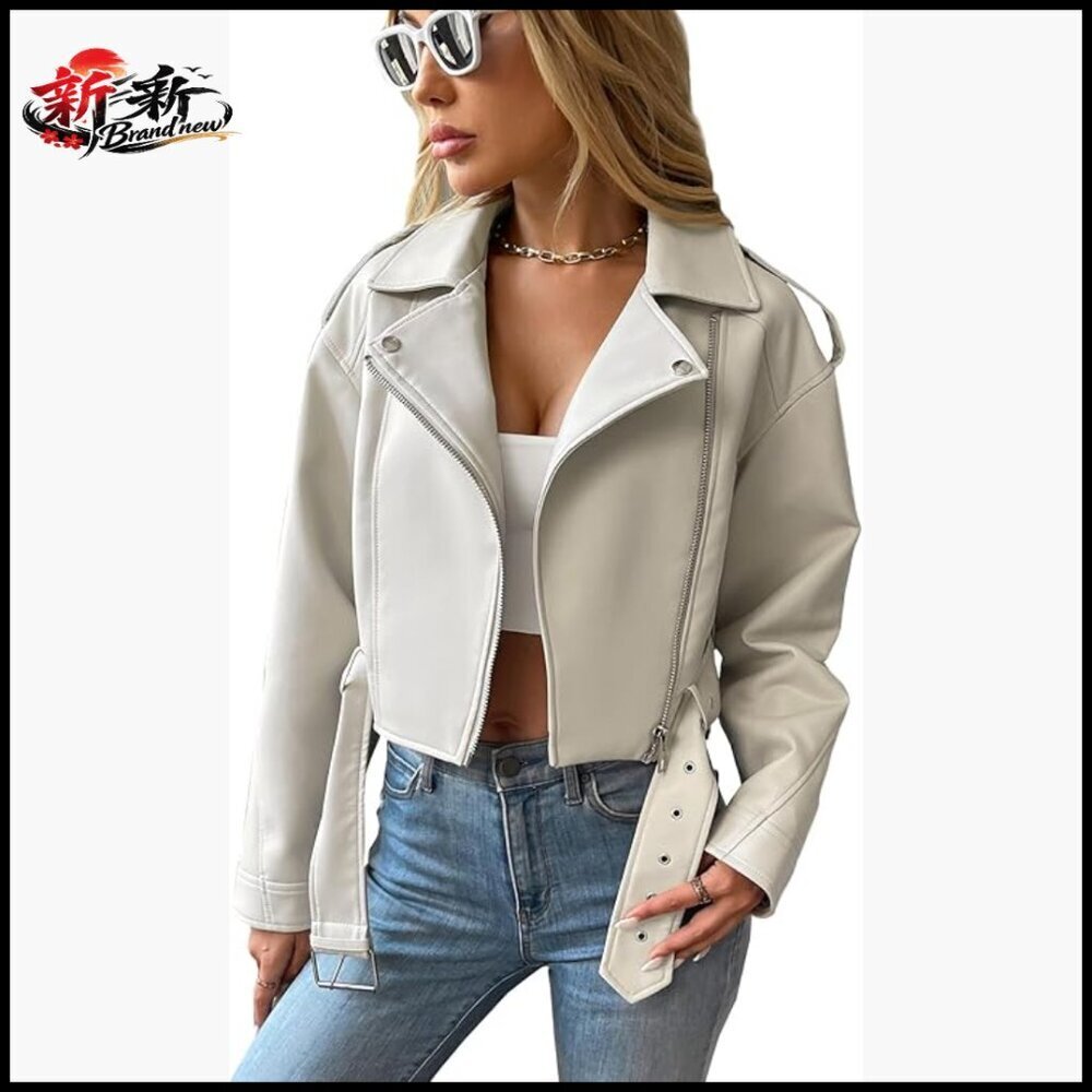 Faux Leather Cropped Jacket with Belt, Vegan Motor Biker Coat